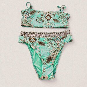 Seafolly mint green square neckline high cheeky cut y2k floral style bikini set